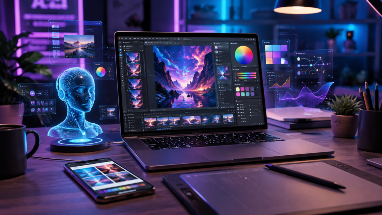 AI for Graphic Design in 2026 workspace with digital design tools
