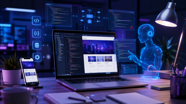 AI-powered web development workspace with coding interface and website design tools