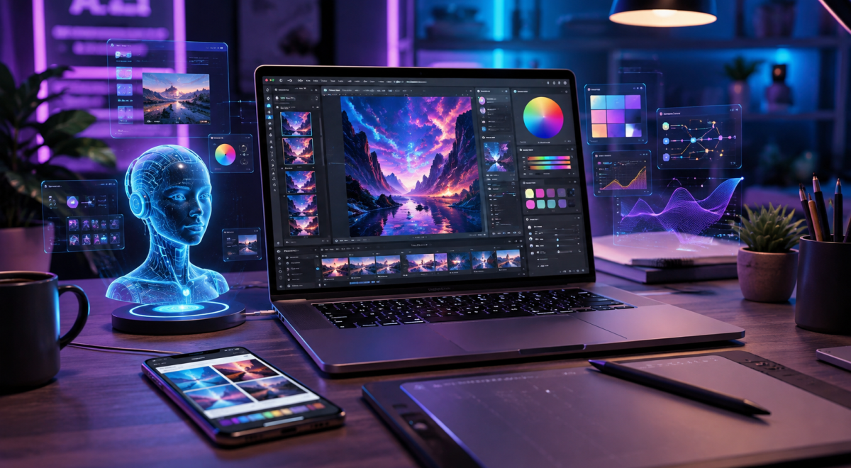 AI for Graphic Design in 2026 workspace with digital design tools