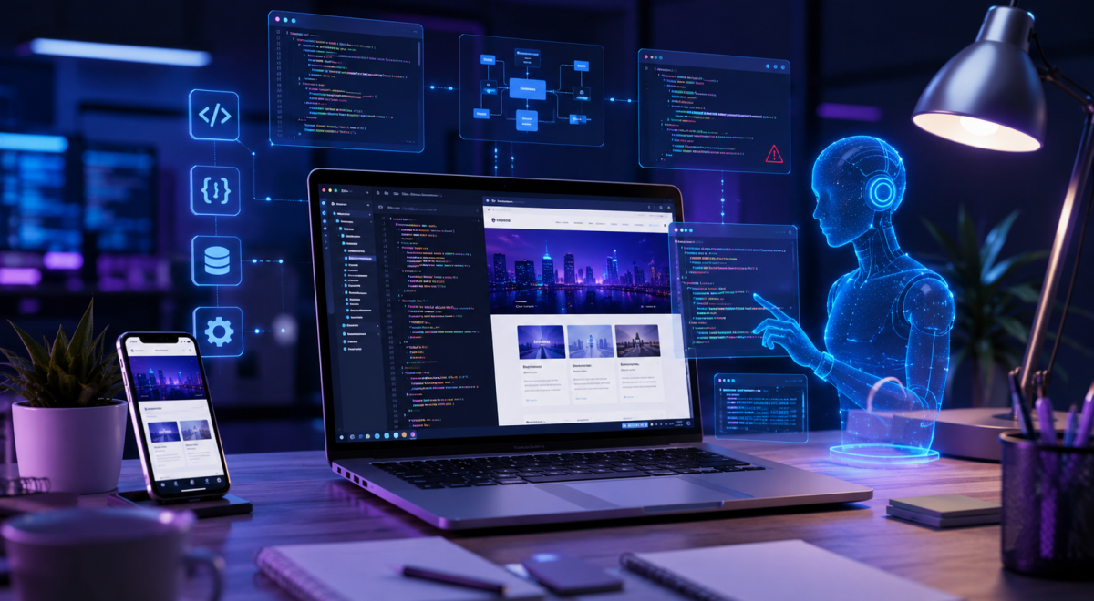 AI-powered web development workspace with coding interface and website design tools